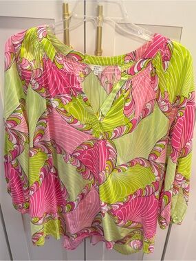 crown & ivy Pink and Lime Abstract Print Peasant Blouse